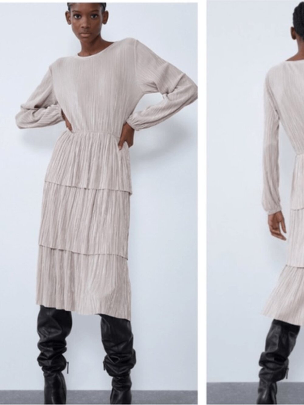 Zara Champagne gold Pleated Long Sleeve Tiered Midi Dress size L large